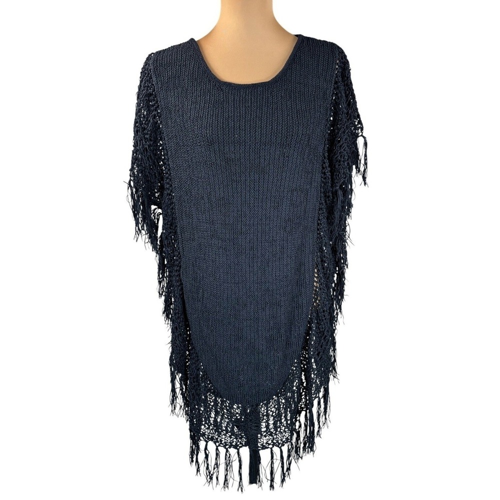 Soft Surroundings Boho Fringe Poncho Top Open Knit Swim Cover Up Black S/M - Picture 2 of 7